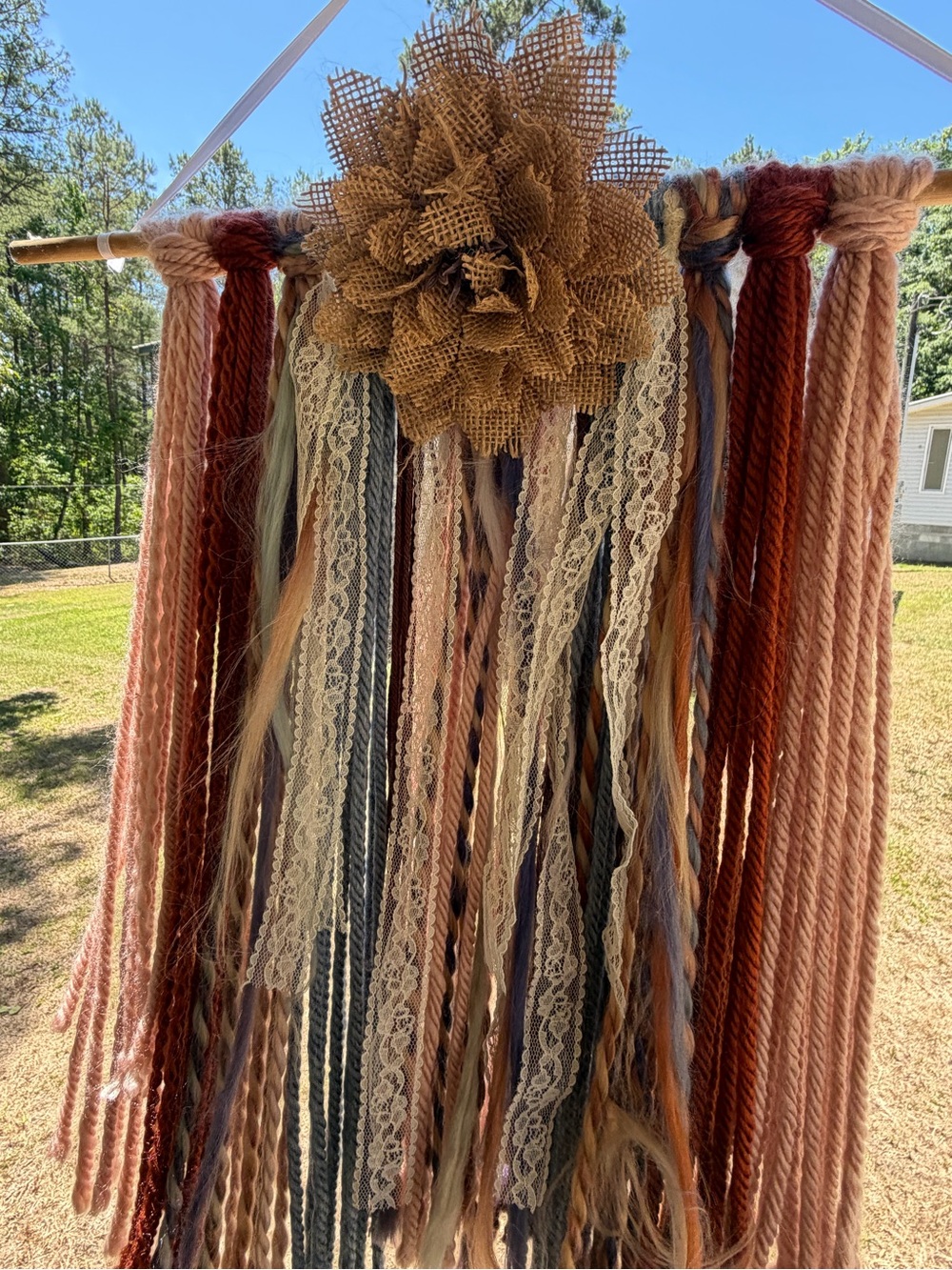 Boho Yarn and Lace Wall Hanging with Burlap Flower